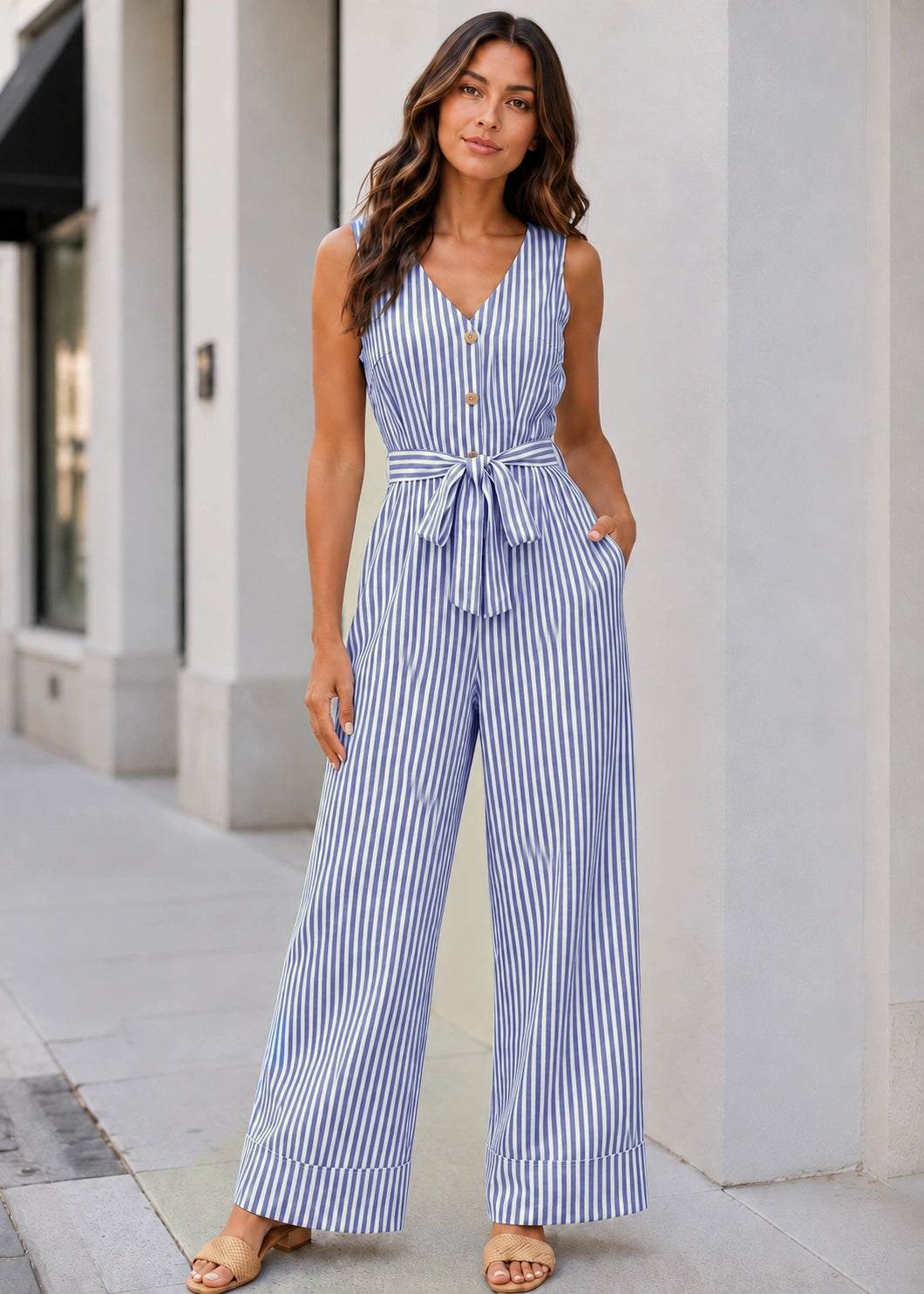 SALAZIA Sleeveless Vertical Stripe Button-Front Tie-Waist Wide-Leg Jumpsuits