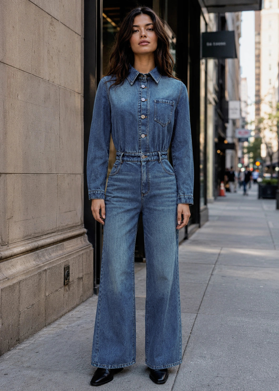 SALAZIA Washed Button-Front Long Sleeve Denim Jumpsuits