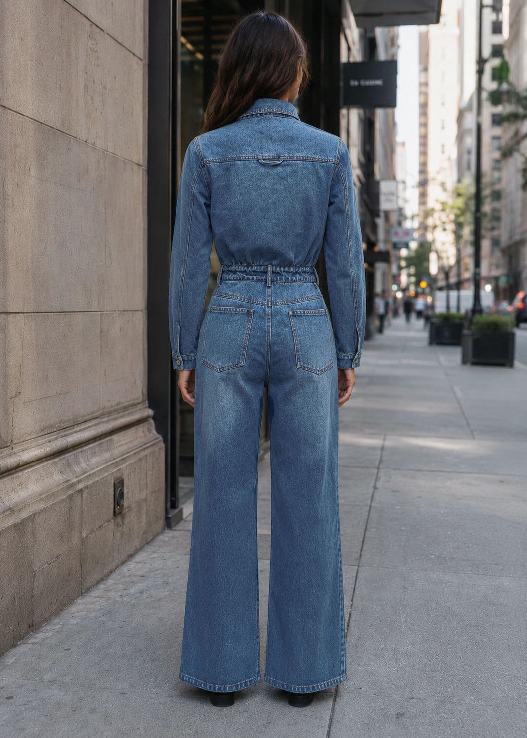SALAZIA Washed Button-Front Long Sleeve Denim Jumpsuits