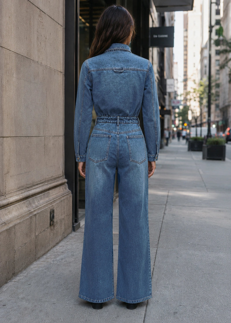 SALAZIA Washed Button-Front Long Sleeve Denim Jumpsuits