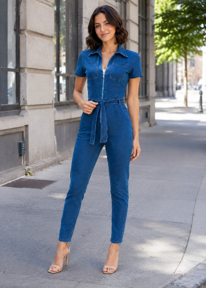 Salazia Belted Zip Front Short Sleeve Denim Jumpsuits