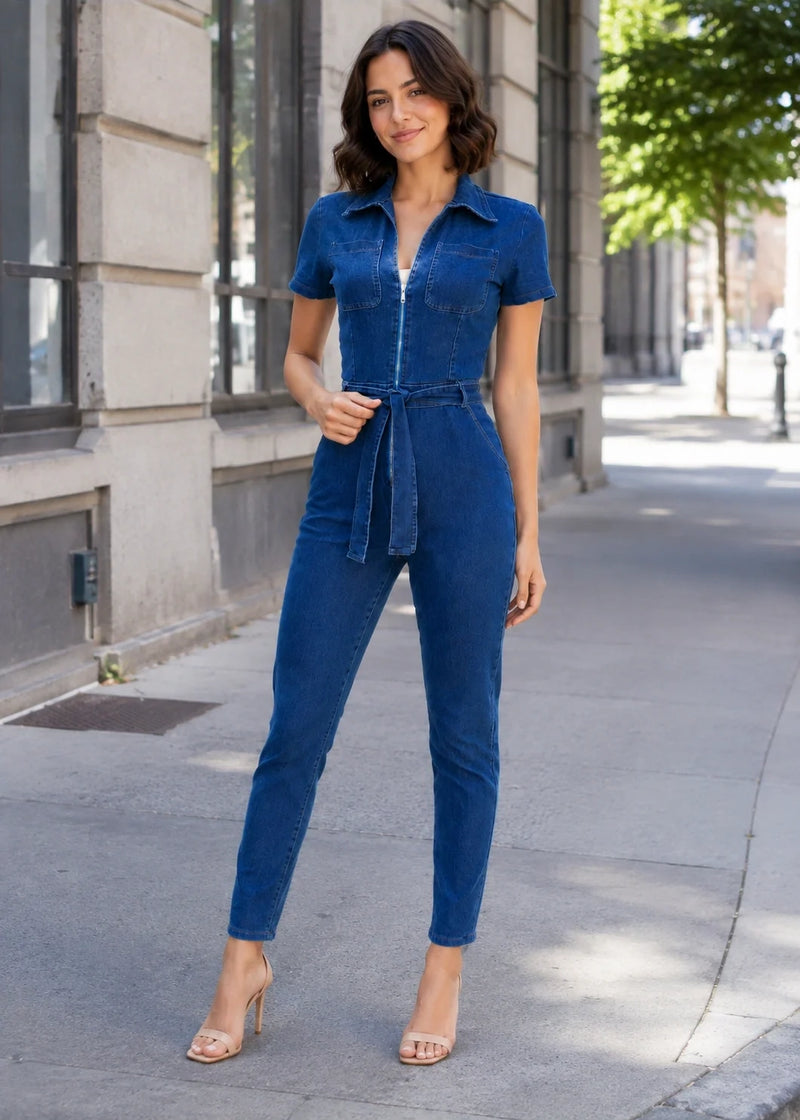 Salazia Belted Zip Front Short Sleeve Denim Jumpsuits