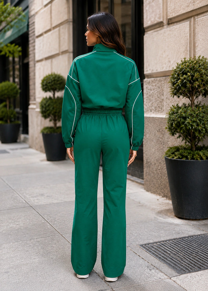 Salazia Contrast Piping Zip-Up Cropped Jacket & Wide Leg Pants Sets
