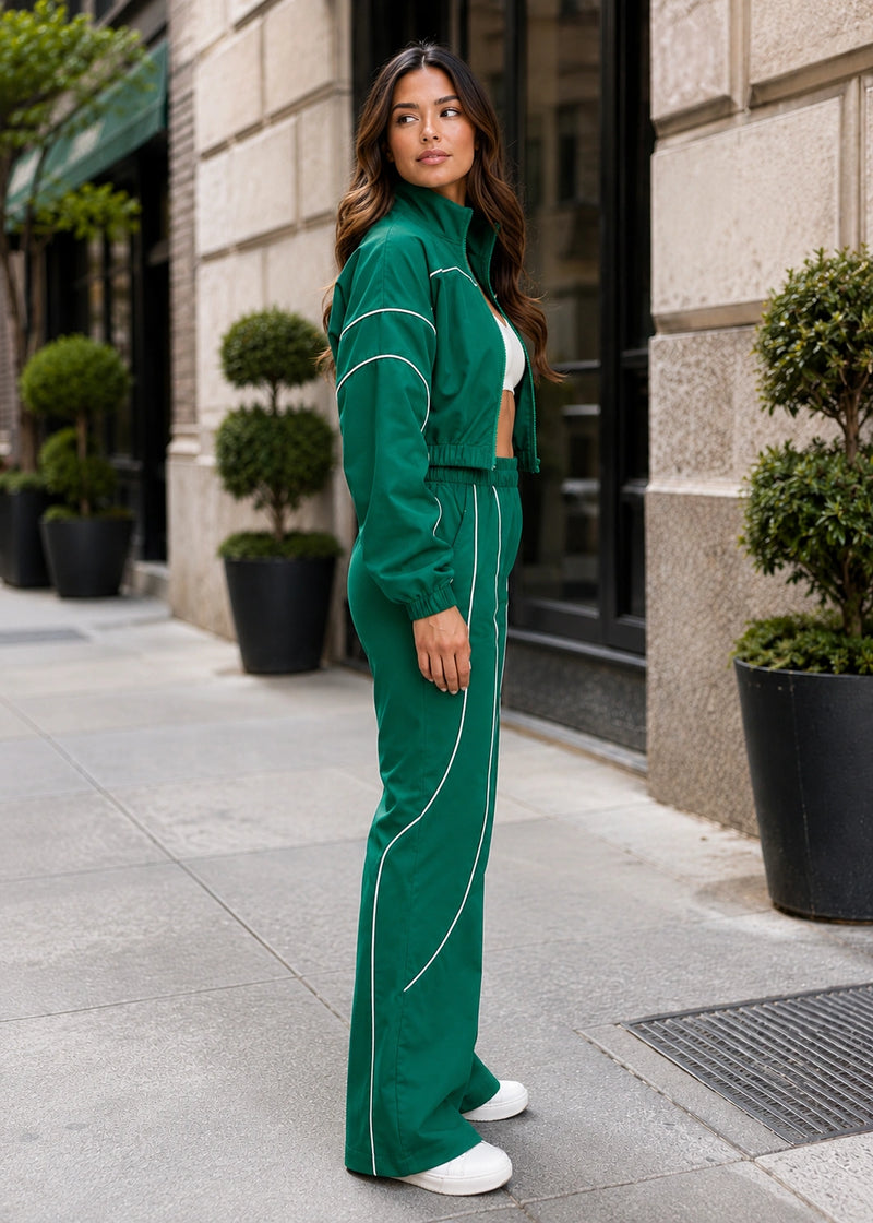 Salazia Contrast Piping Zip-Up Cropped Jacket & Wide Leg Pants Sets