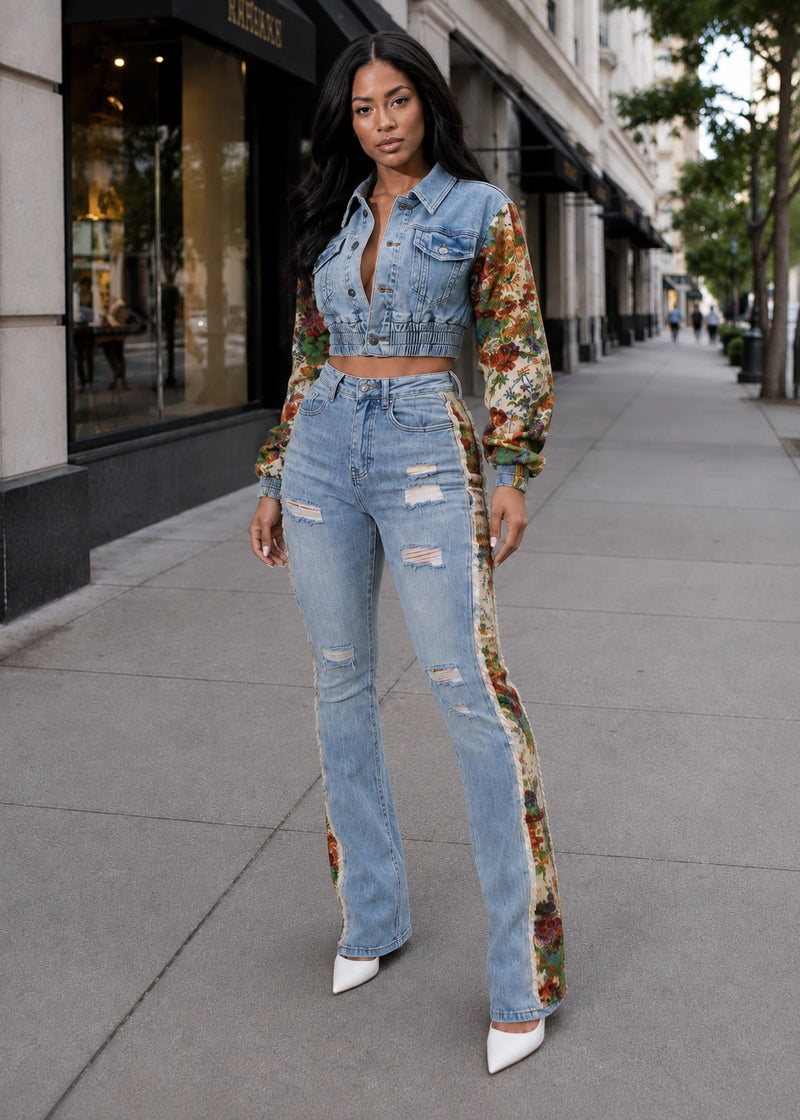 Salazia Denim Patchwork Long Sleeve Two Piece Sets