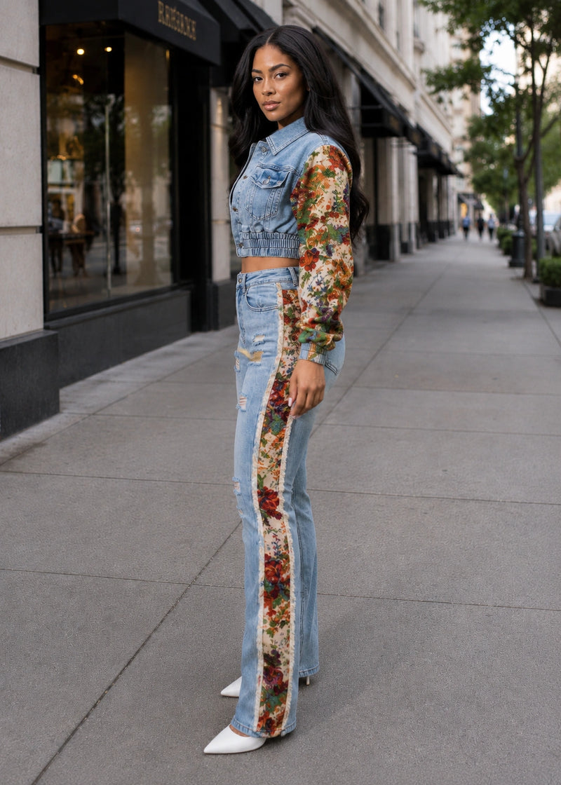 Salazia Denim Patchwork Long Sleeve Two Piece Sets