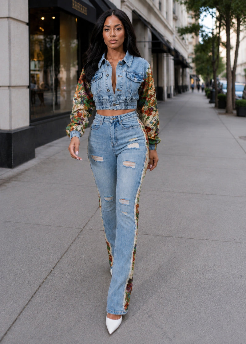 Salazia Denim Patchwork Long Sleeve Two Piece Sets