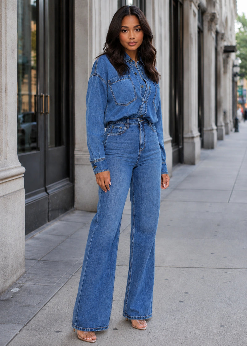 Salazia Denim Shirt Collar Wide Leg Jumpsuits