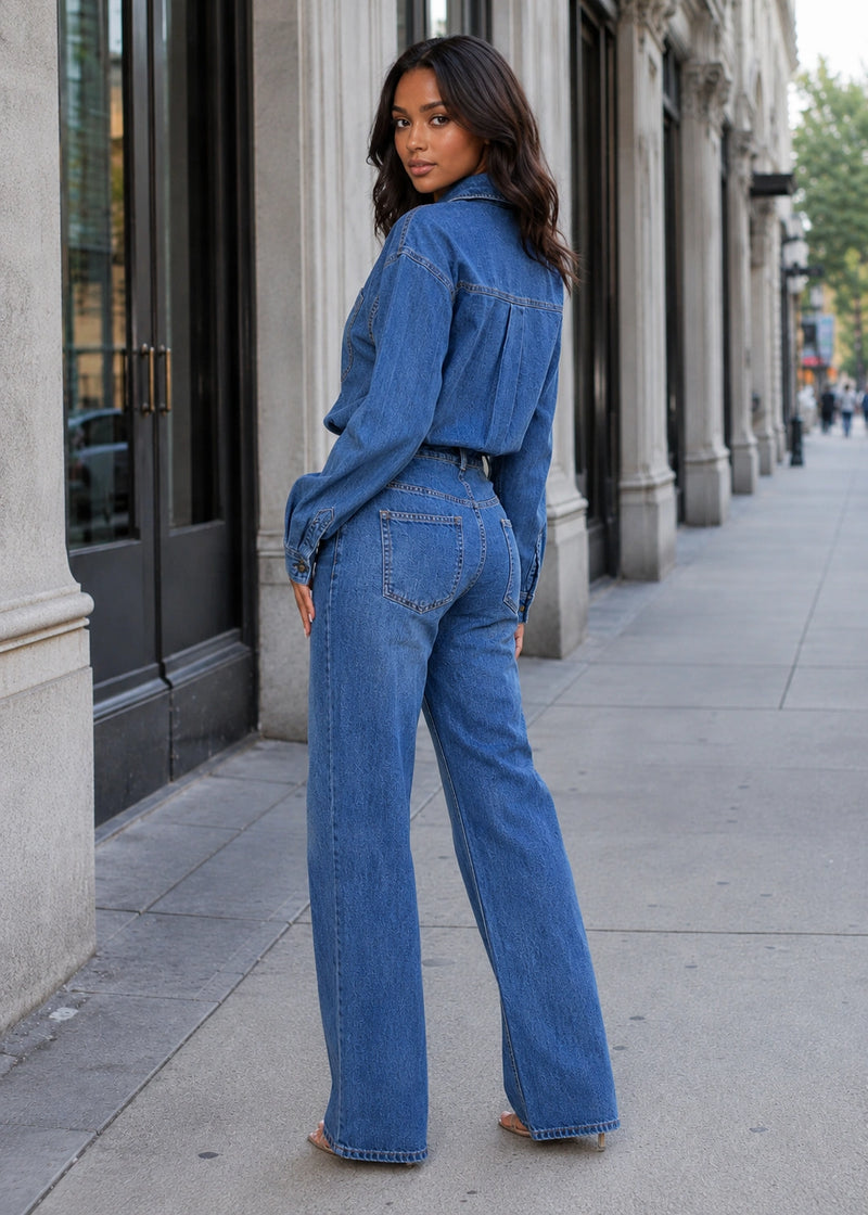 Salazia Denim Shirt Collar Wide Leg Jumpsuits