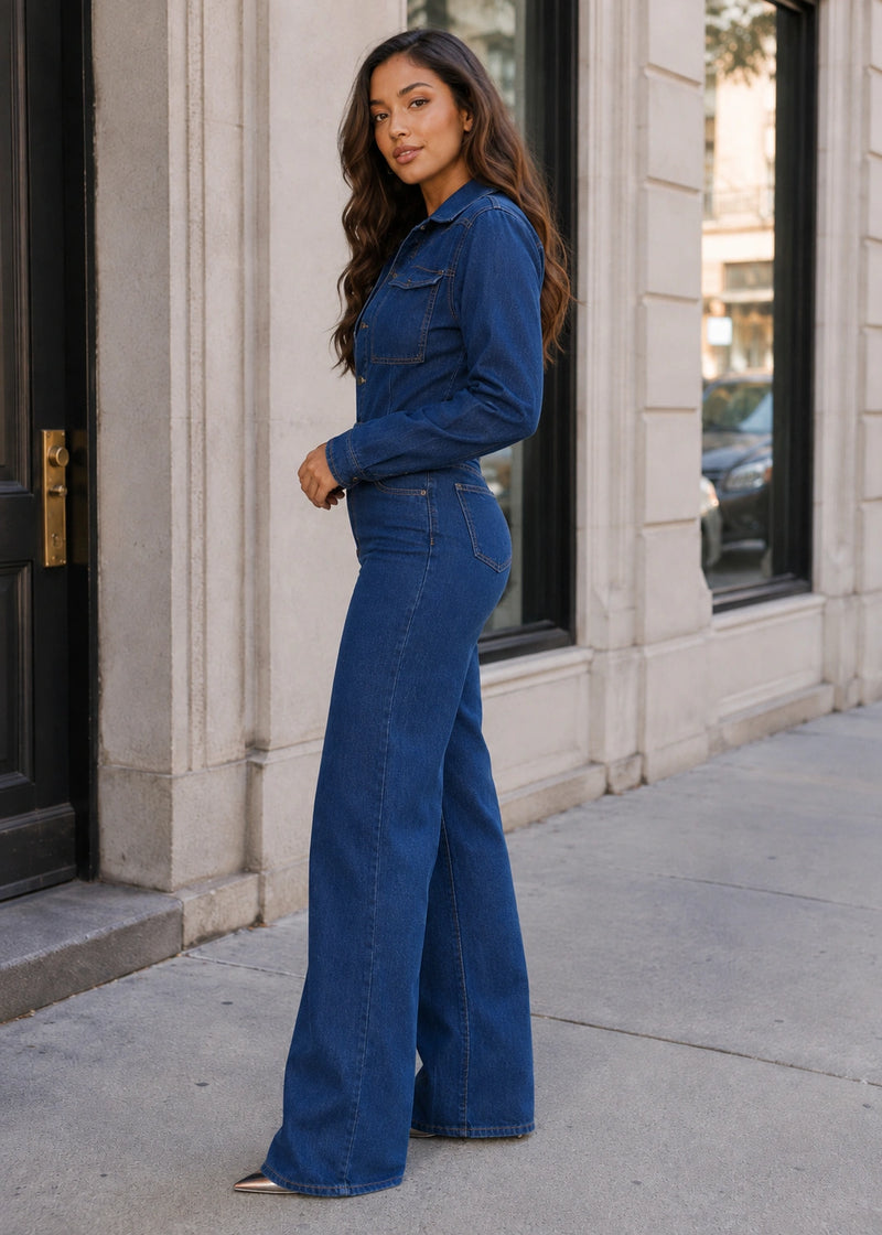 Salazia Long Sleeve Button Front Denim Wide Leg Jumpsuits