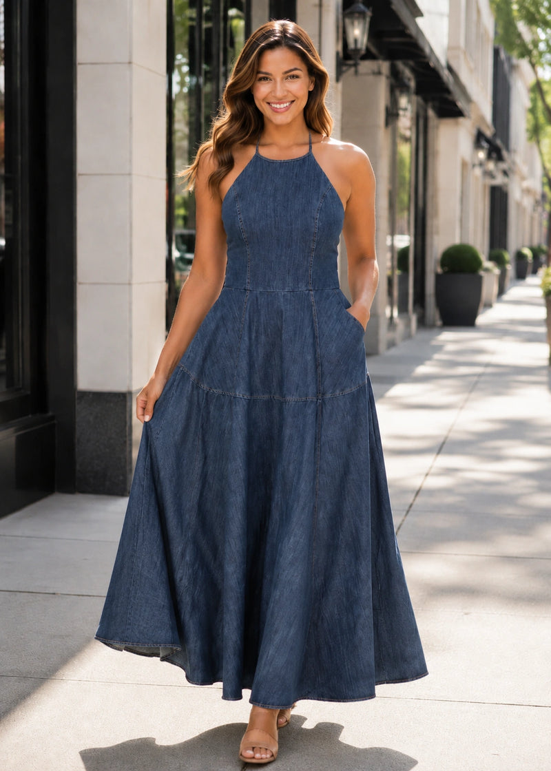 Salazia Sleeveless Denim A-Line Maxi Dresses