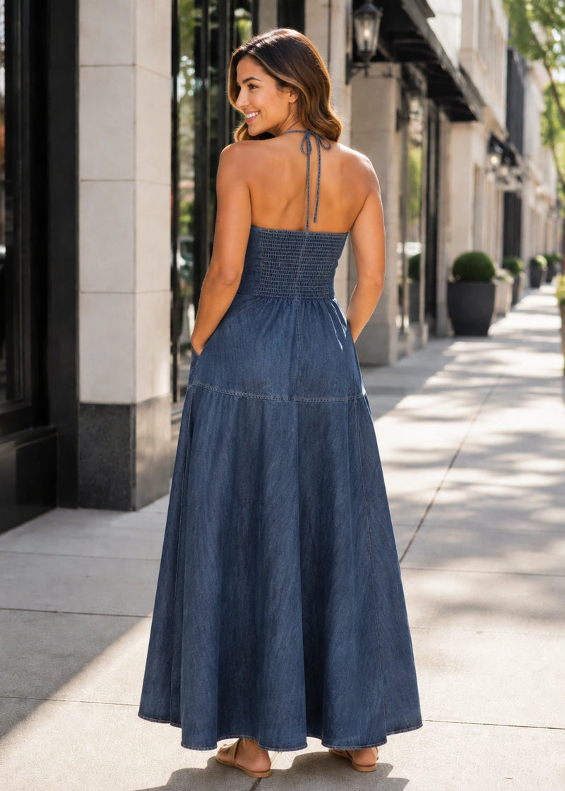 Salazia Sleeveless Denim A-Line Maxi Dresses