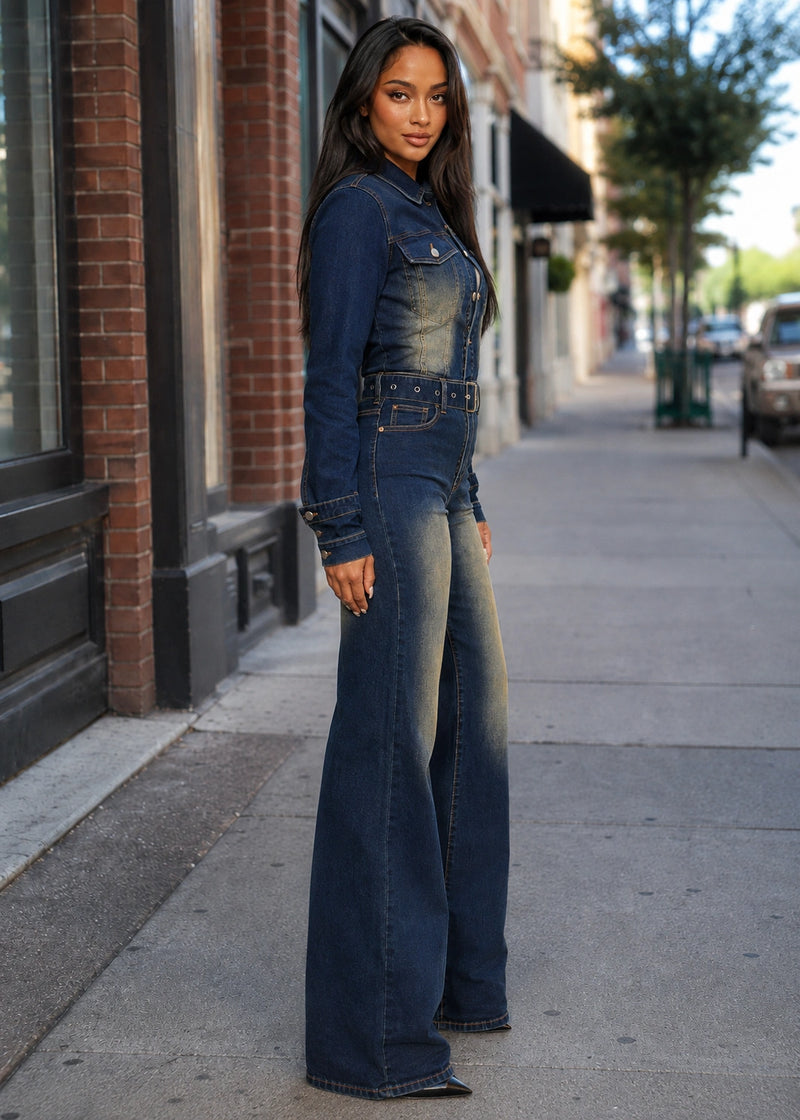 Salazia Washed Denim Wide Leg Jumpsuits