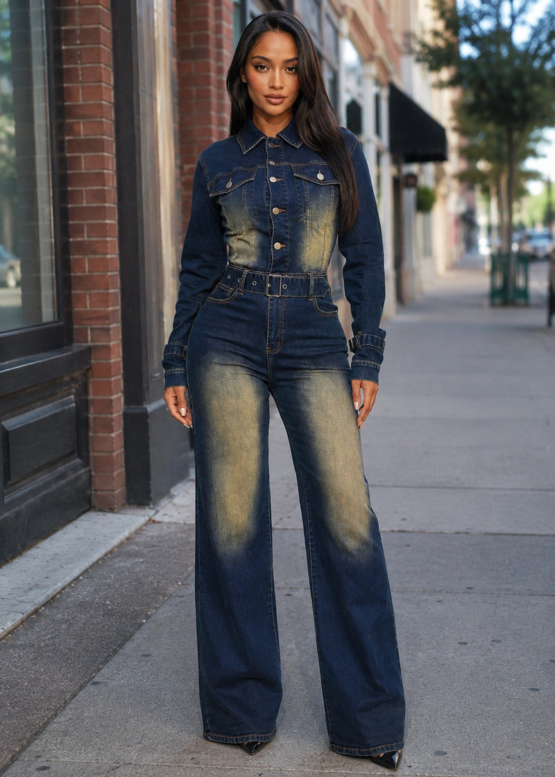 Salazia Washed Denim Wide Leg Jumpsuits