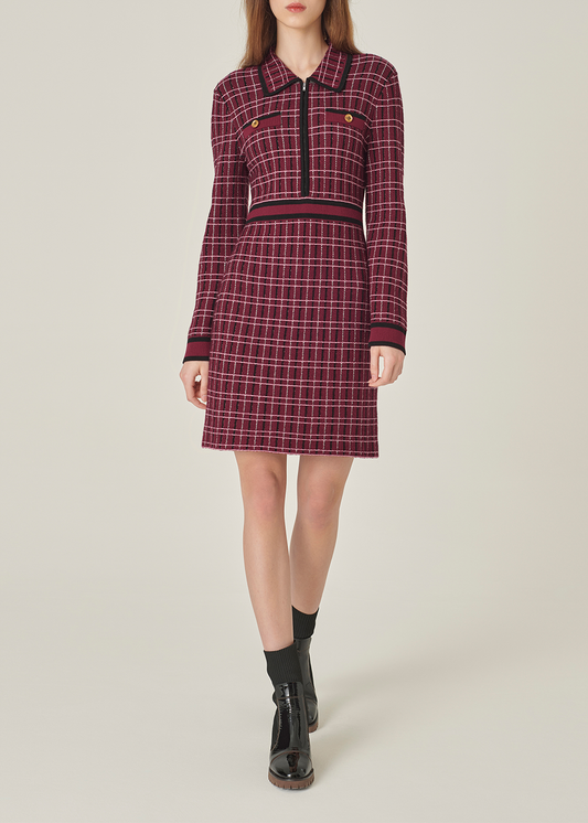 SALAZIA Red-Black Tweed-Style Wool Blend Knit Dresses