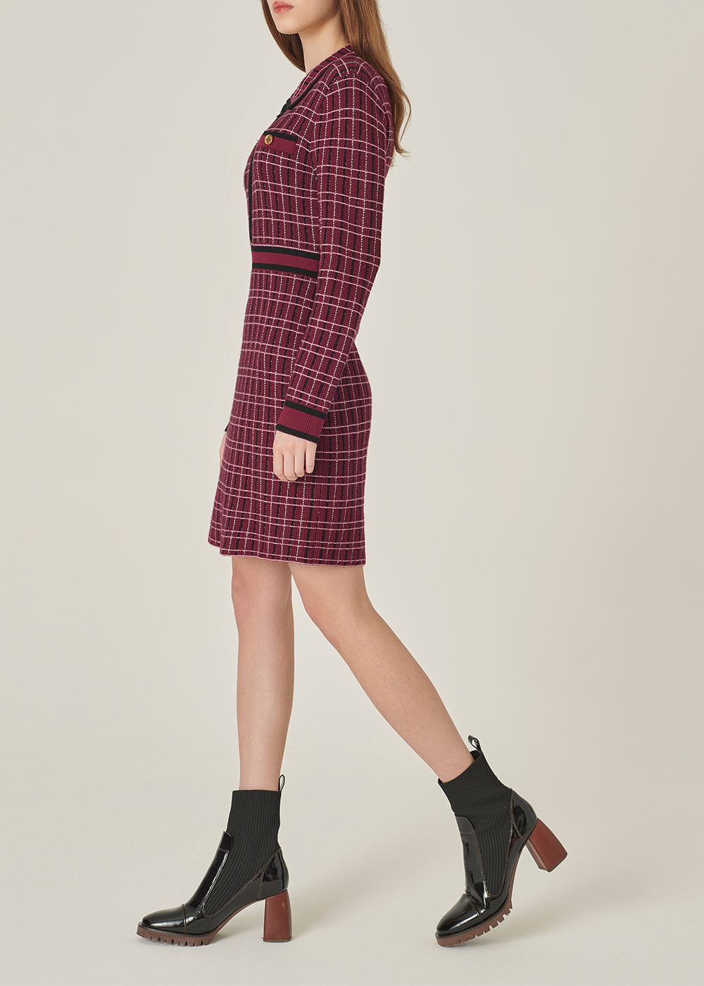 SALAZIA Red-Black Tweed-Style Wool Blend Knit Dresses