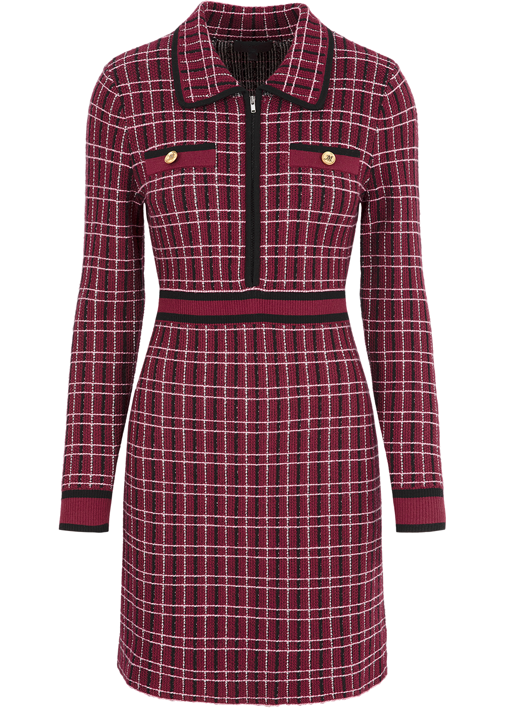 SALAZIA Red-Black Tweed-Style Wool Blend Knit Dresses