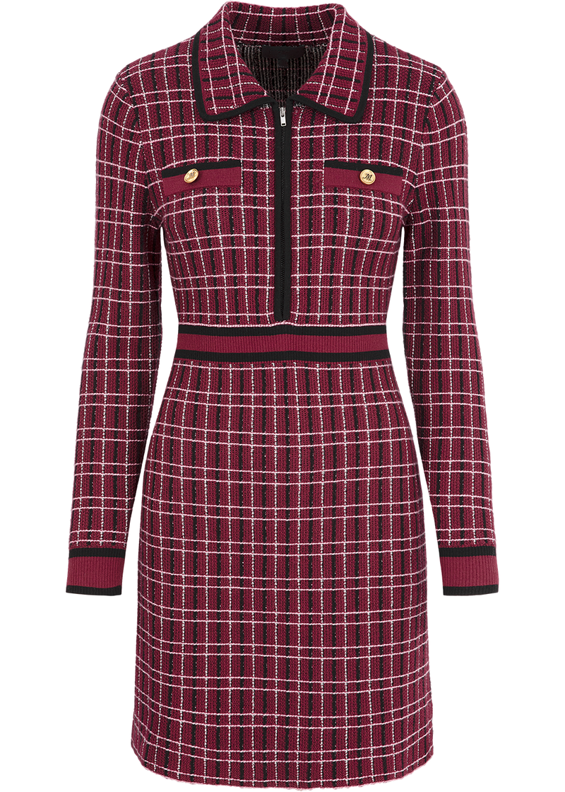 SALAZIA Red-Black Tweed-Style Wool Blend Knit Dresses